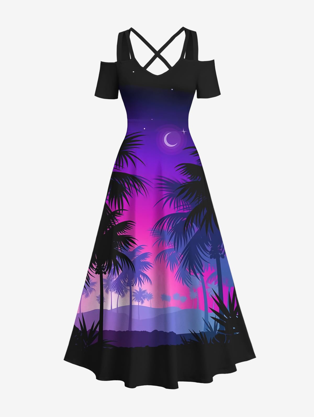 Matchable Couple Hawaiian Coconut Tree Print Shirt or Plus Size Midi Cold Shoulder Dress - Image 4
