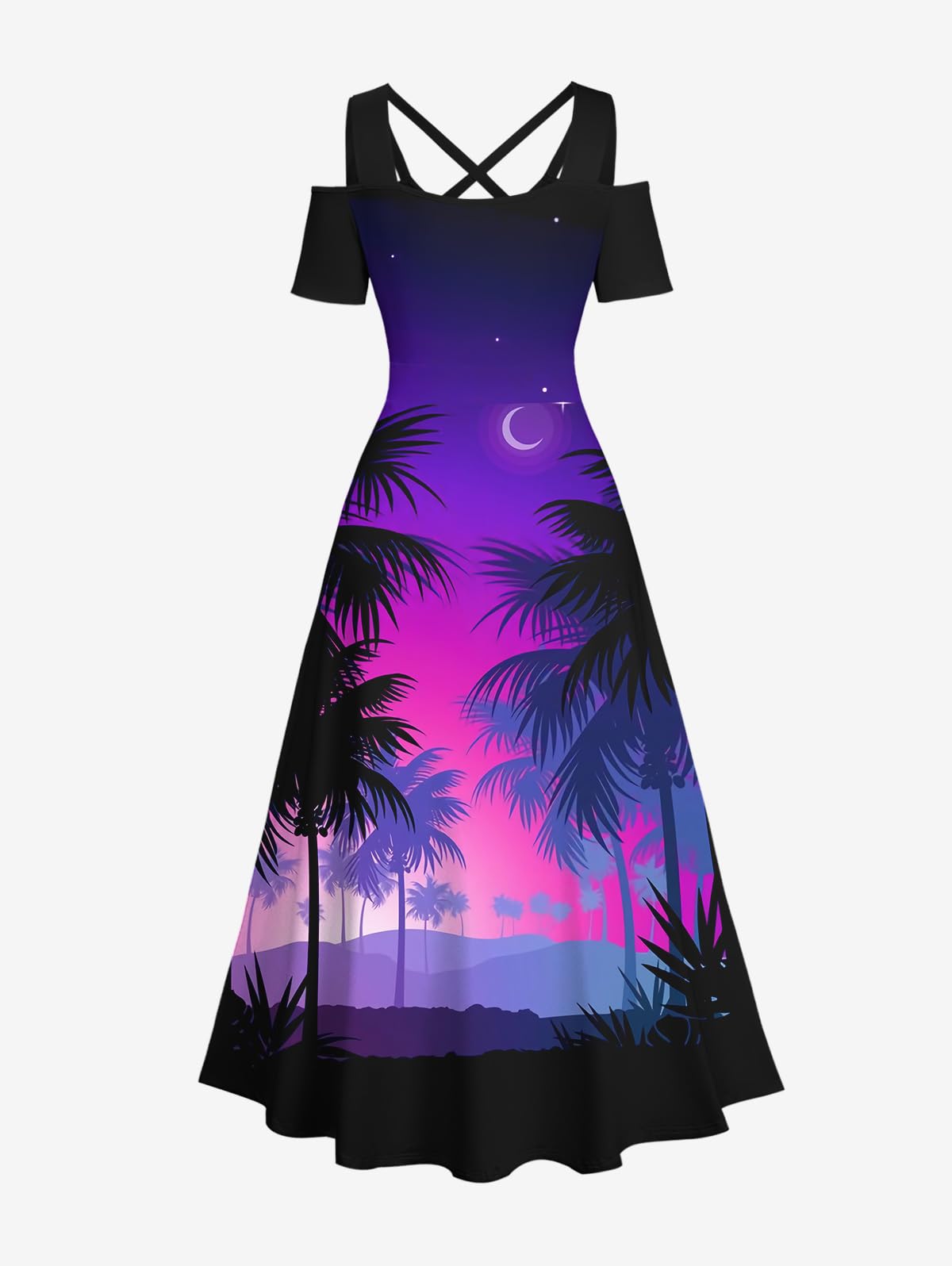 Matchable Couple Hawaiian Coconut Tree Print Shirt or Plus Size Midi Cold Shoulder Dress - Image 5