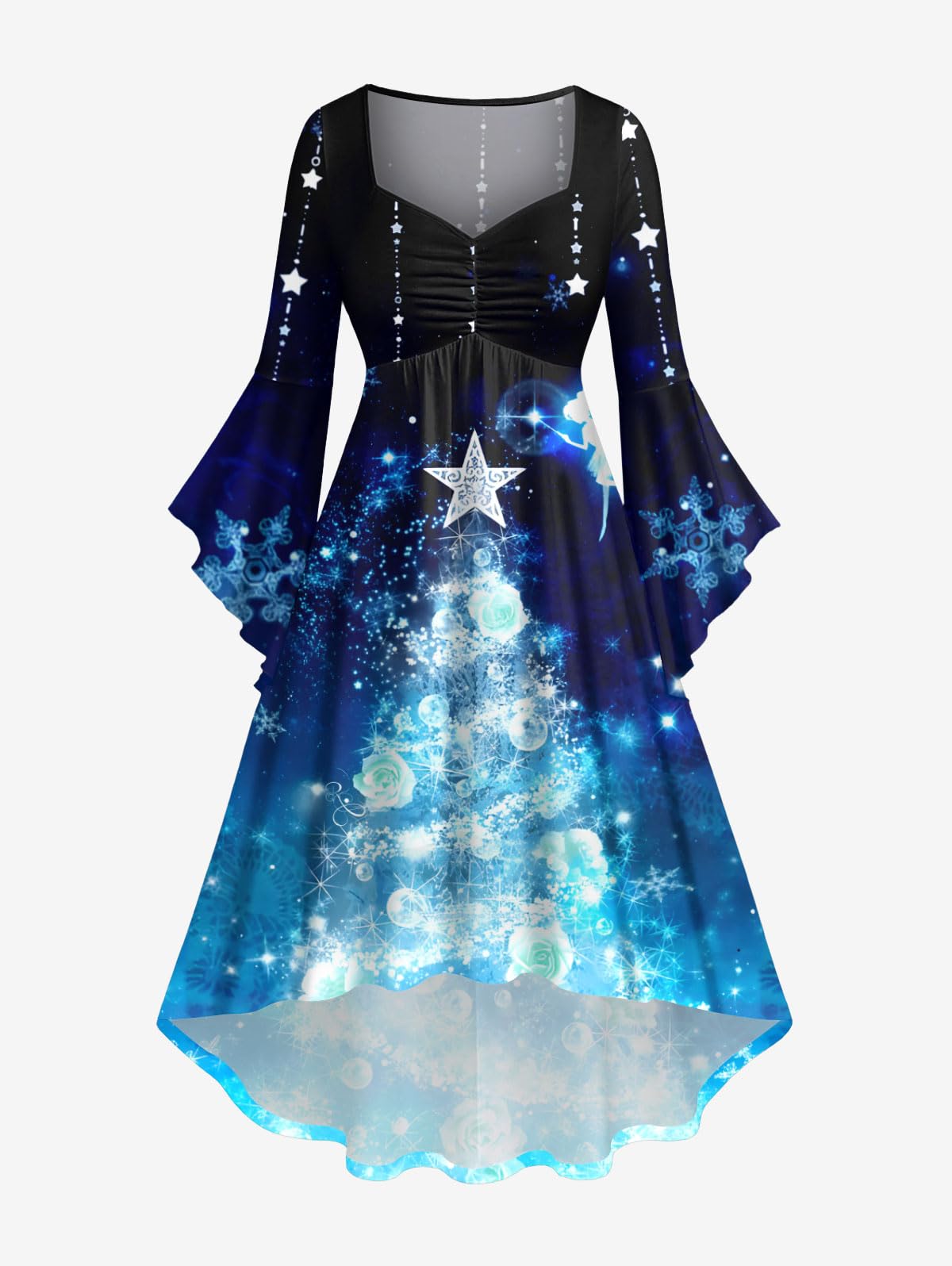 Matchable Couple Sparkly Christmas Tree Print Shirt or Plus Size Ruched Bell Sleeves High Low Hem Midi Xmas Dress - Image 4
