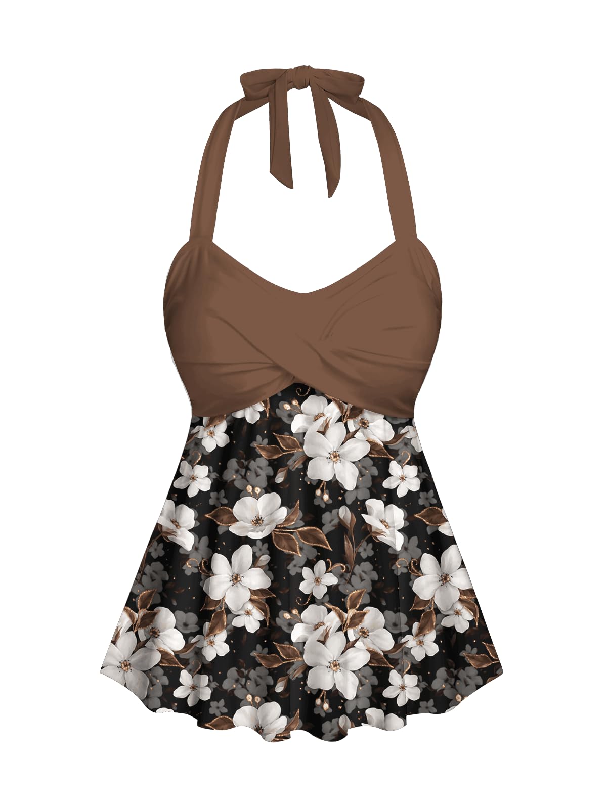 ROSE GAL Plus Size Women Modest Two Piece Bathing Suit Floral Print Twist Front Drawstring Side Halter Tankini Swimsuit - Image 3
