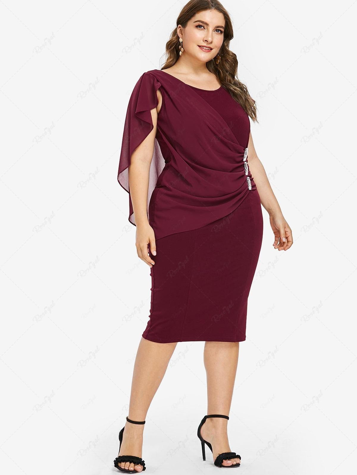 ROSE GAL Rosegal Plus Size Womens Chiffon Ruffle Bodycon Pencil Midi Sleeveless Cape Dress for Wedding Cocktail Party Work - Image 3