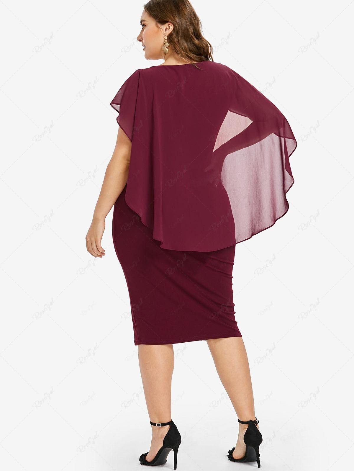 ROSE GAL Rosegal Plus Size Womens Chiffon Ruffle Bodycon Pencil Midi Sleeveless Cape Dress for Wedding Cocktail Party Work - Image 4