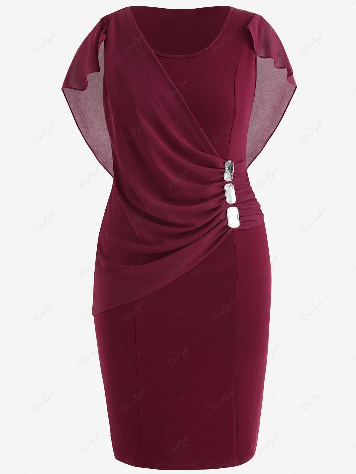 ROSE GAL Rosegal Plus Size Womens Chiffon Ruffle Bodycon Pencil Midi Sleeveless Cape Dress for Wedding Cocktail Party Work - Image 5