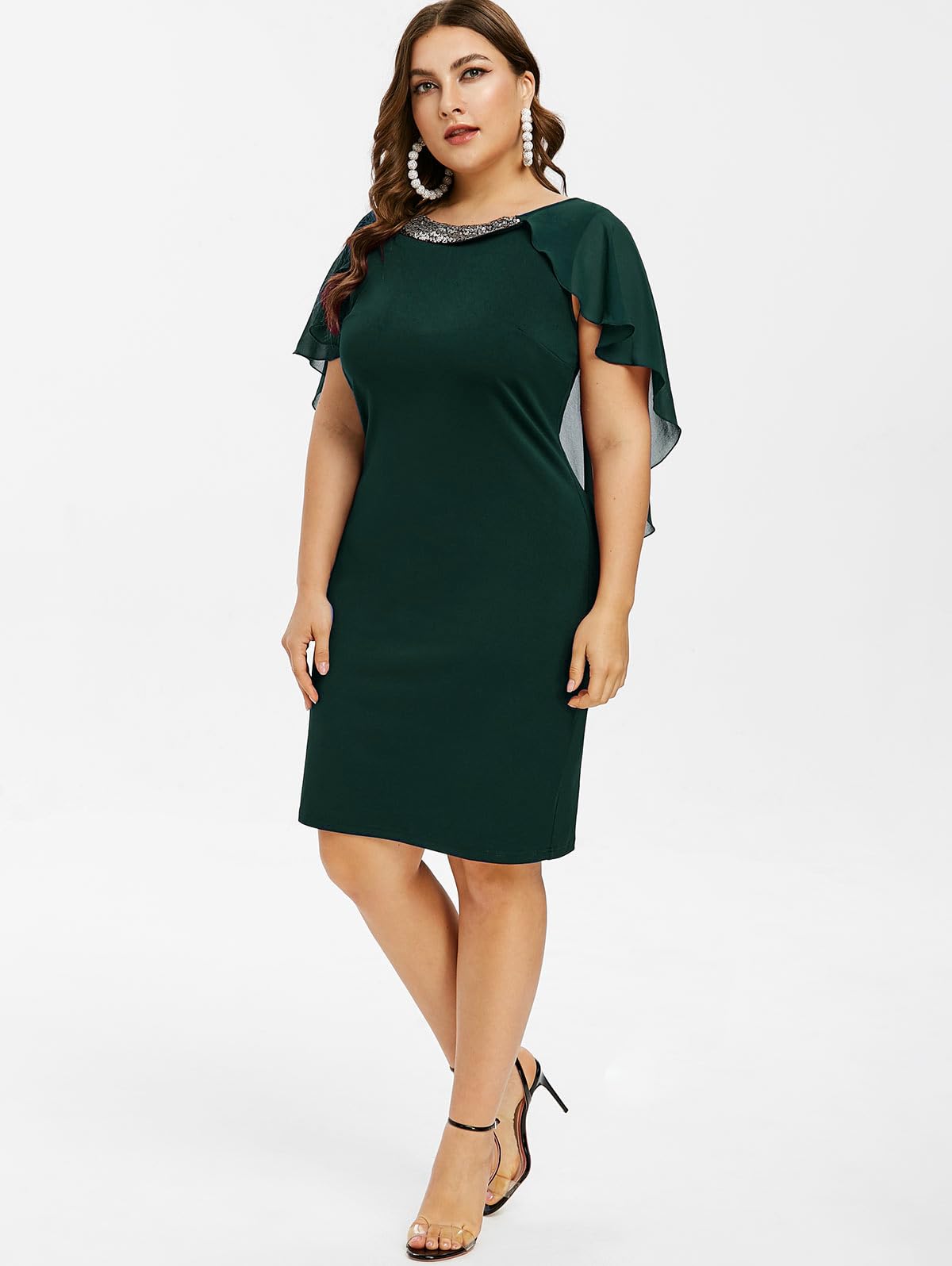 ROSE GAL Rosegal Plus Size Womens Sequins Chiffon Overlay Bodycon Pencil Cape Dress for Wedding Cocktail Party Evening - Image 3