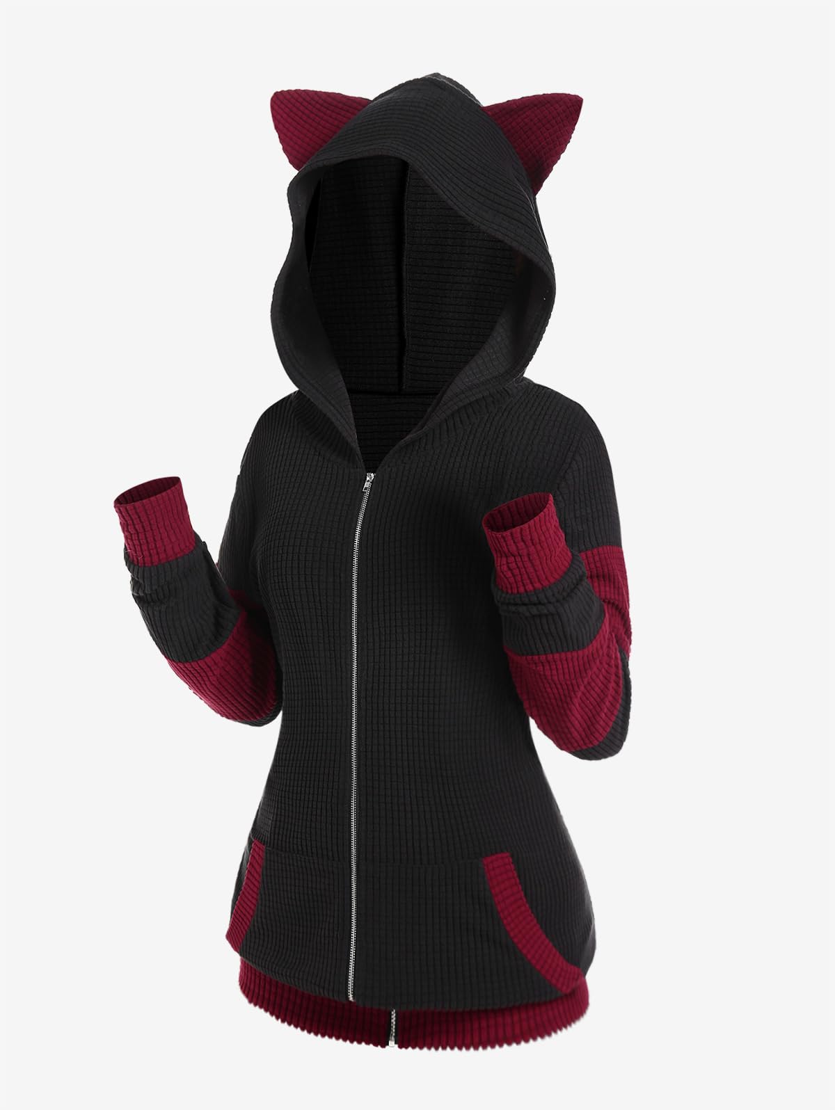 ROSE GAL Rosegal Women Plus Size Cat Ear Ribbed Hooded Blouson Jacket Animal Ear Two Tone Cute Hoodie - Image 3