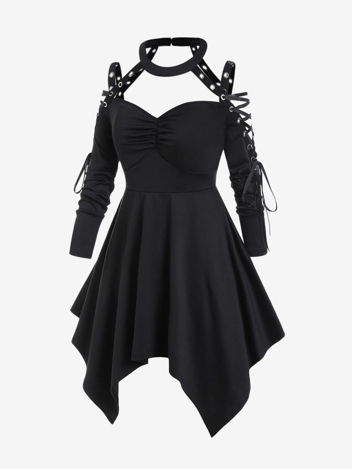 ROSE GAL Rosegal Womens Plus Size Gothic Choker Lace-up Grommets Cutout Handkerchief Hem Cold Shoulder Long Sleeve Tunic Top - Image 3