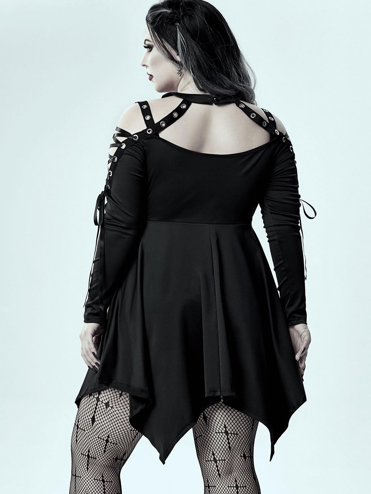 ROSE GAL Rosegal Womens Plus Size Gothic Choker Lace-up Grommets Cutout Handkerchief Hem Cold Shoulder Long Sleeve Tunic Top - Image 5