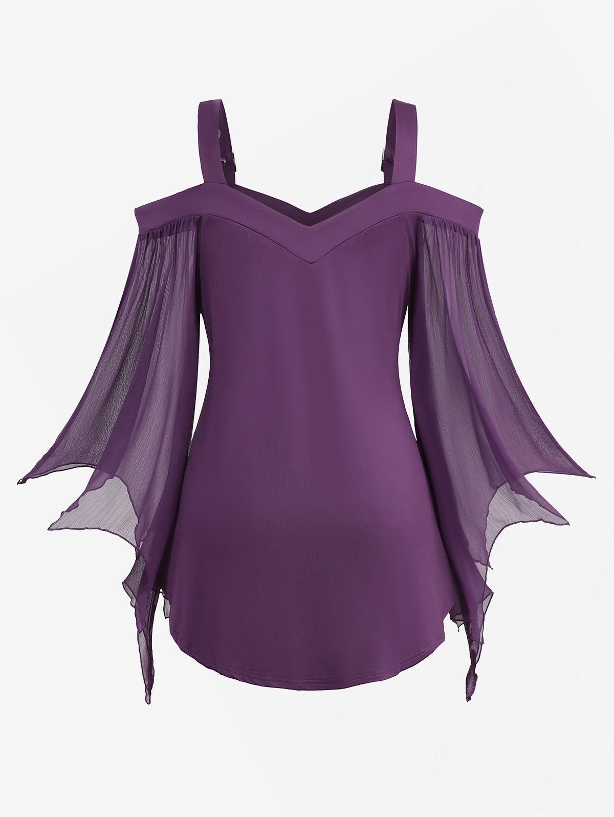 ROSE GAL Women Plus Size Gothic Top Buckle Straps Cold Shoulder Mesh Bell Sleeve Witch Halloween Costume Gothic Tee - Image 4